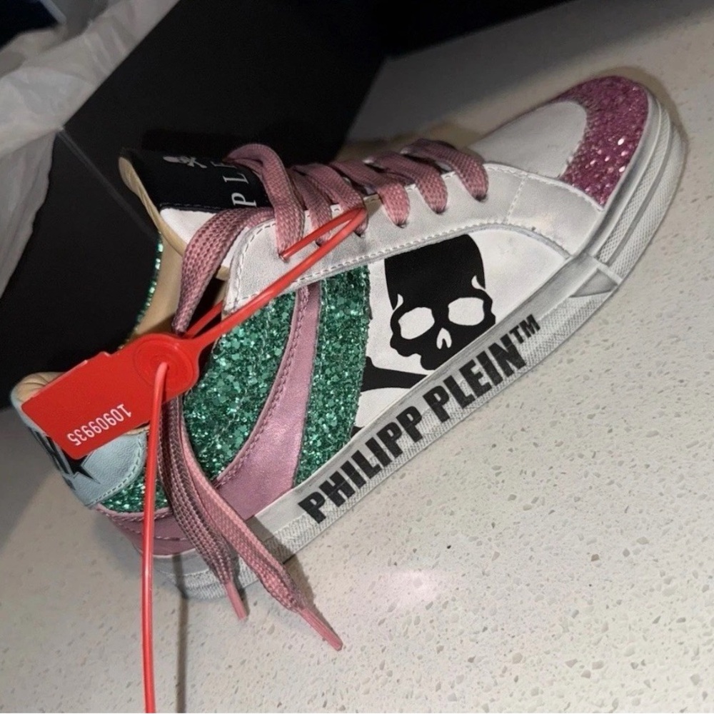 Philipp Plein Woman’s White Sneaker with Pink and Green Glitter Accents